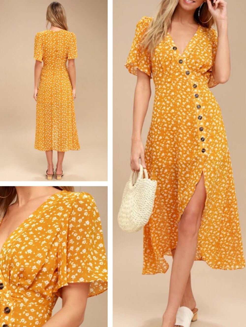 Lulu's After Bloom Delight Golden Yellow Floral Midi Dress